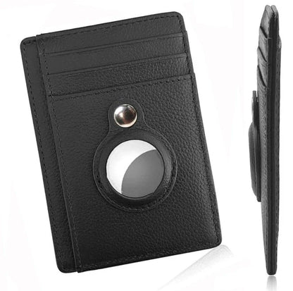 Slim leather wallet with built-in AirTag pocket for men, featuring RFID protection and a minimalist design