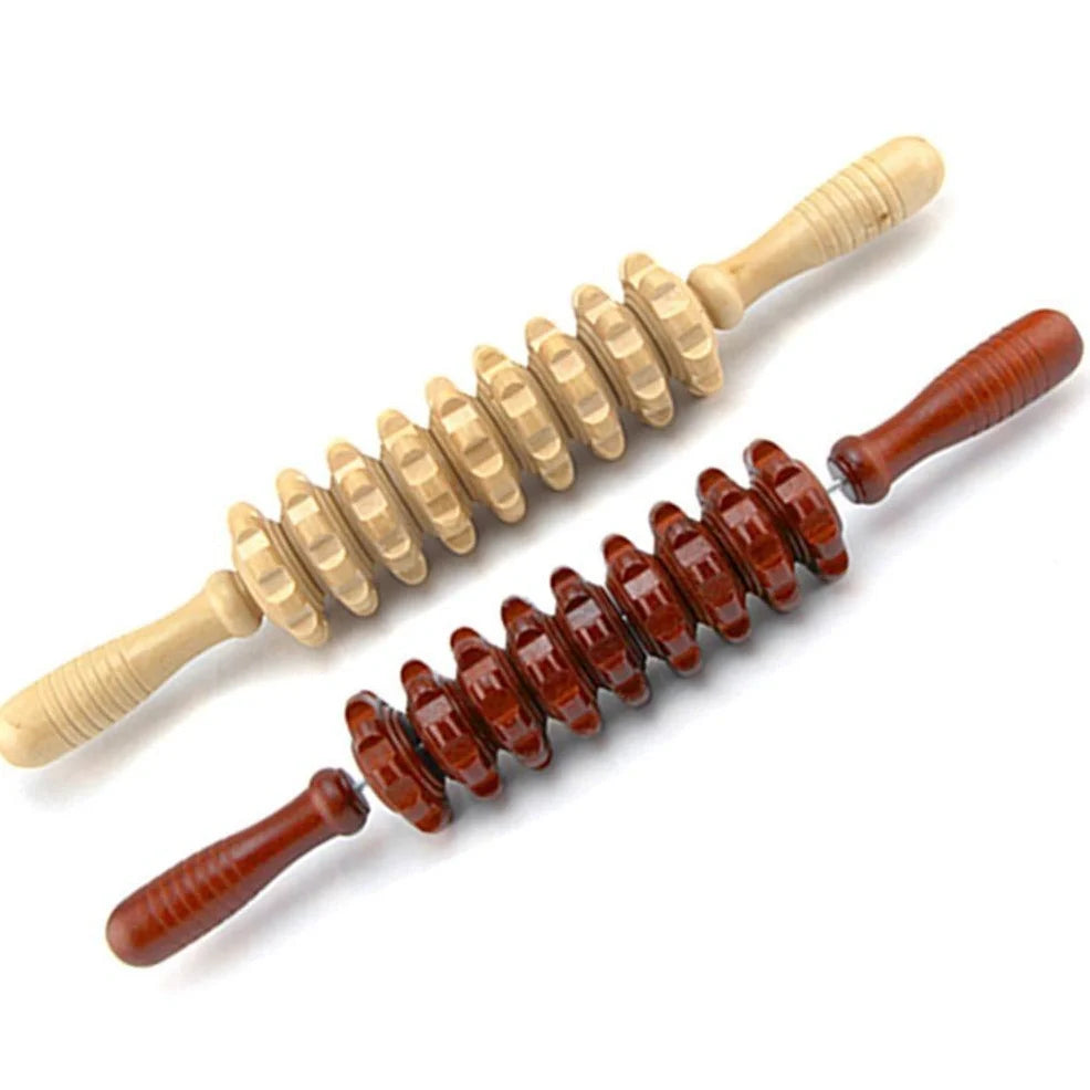 Wooden roller massage stick showing 39 cm length with 18 cm roller section and steel shaft construction