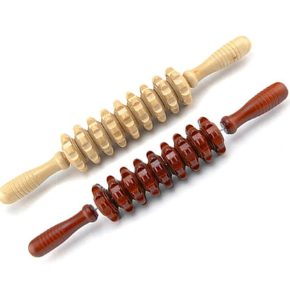 Wooden roller massage stick showing 39 cm length with 18 cm roller section and steel shaft construction