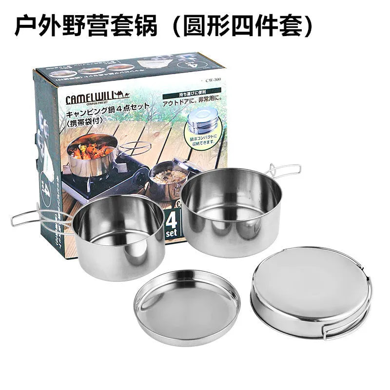 Silver stainless steel camping cookware pot set with 4 pieces including pot and pan for outdoor cooking