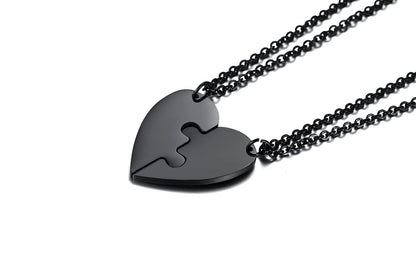 Heart-shaped titanium steel friendship pendant set in silver, gold, black with optional 51-80cm chain, rust-resistant two-piece unisex jewellery
