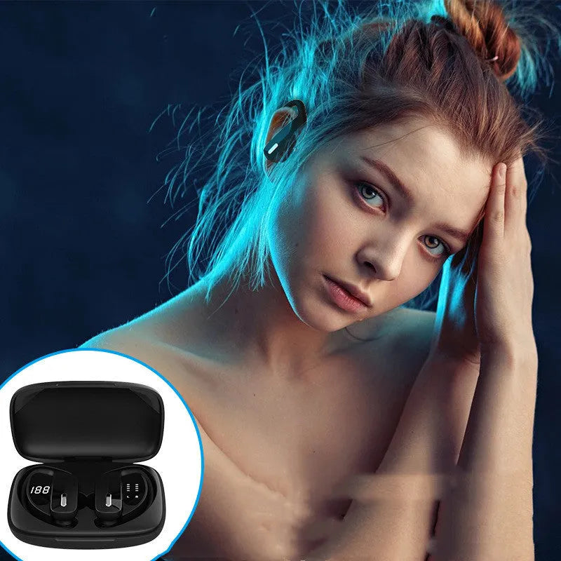 Black wireless Bluetooth headset with LED digital display on a hanging ear hook.