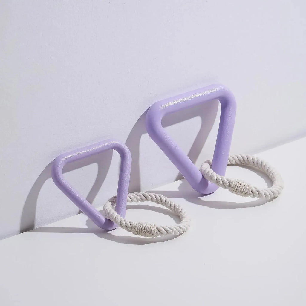 Large triangular braided cotton rope dog pull ring toy in beige, pink, or purple.