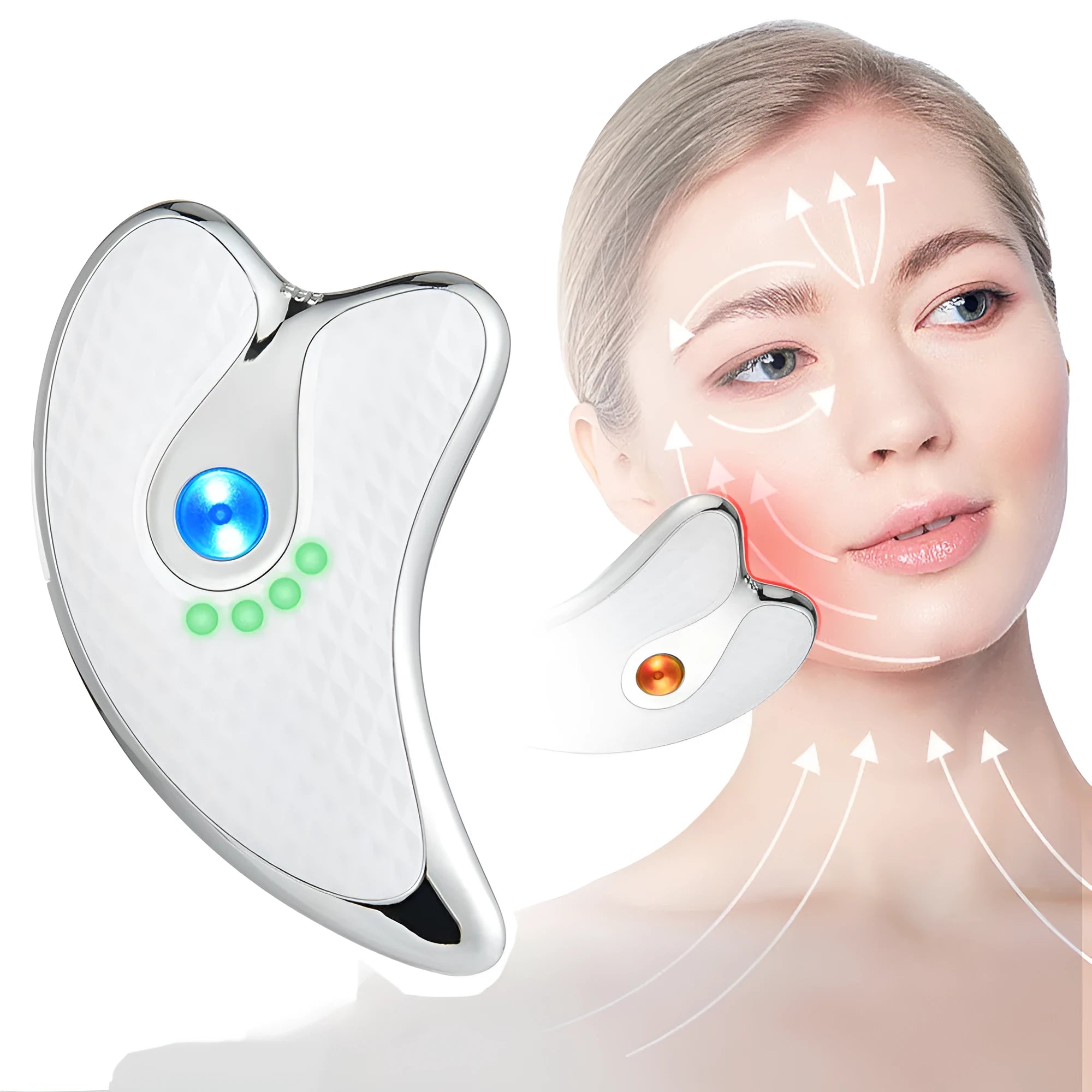 White rechargeable vibrating facial massager scraping board with ergonomic handle on a clean background