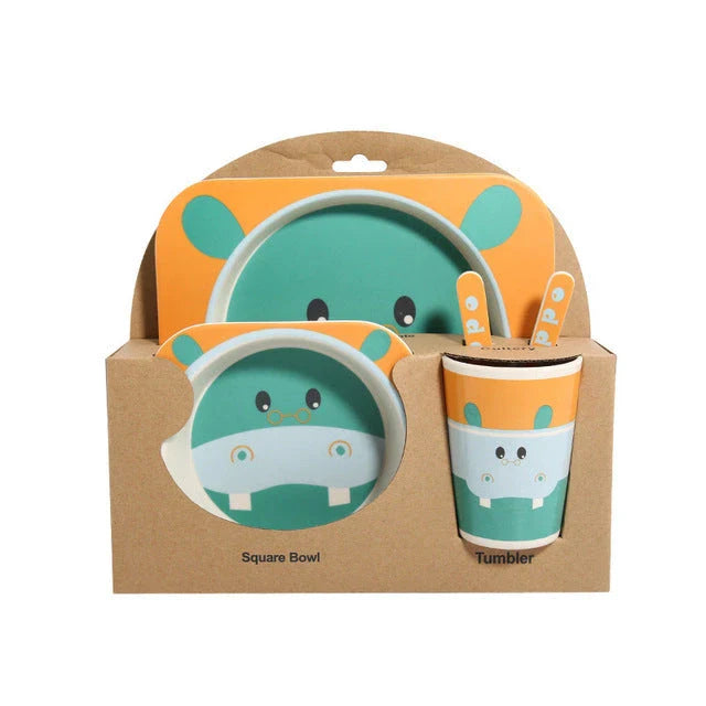 Five-piece bamboo fibre children's tableware set with vibrant animal-themed designs