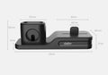 Black geometric 3-in-1 charging stand for Apple iPhone, Watch, and AirPods on a desk.