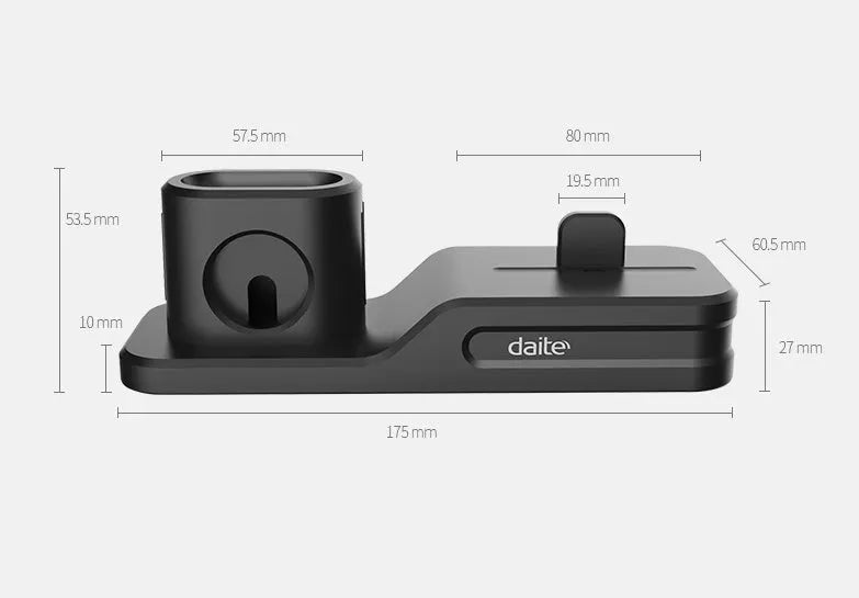 Black geometric 3-in-1 charging stand for Apple iPhone, Watch, and AirPods on a desk.