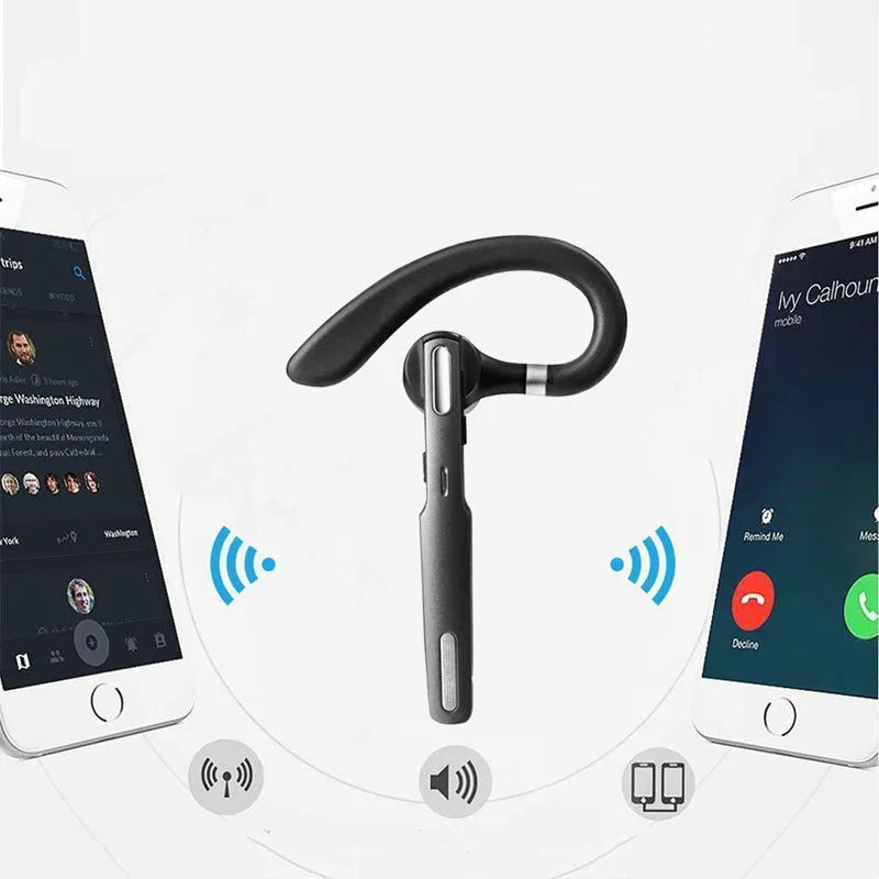Black mono Bluetooth headset with hanging ear design and IPX6 waterproof rating