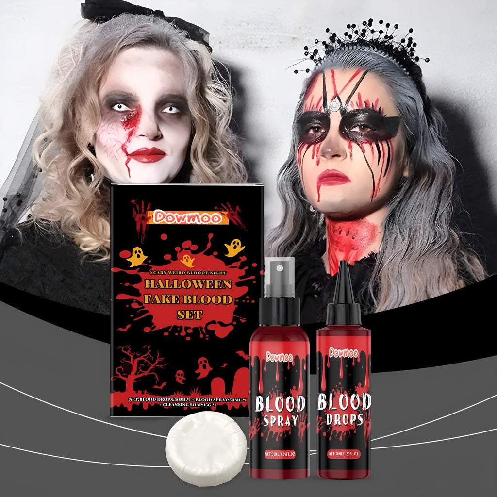 Halloween fake blood makeup set with plasma drops bottle, spray bottle and facial soap