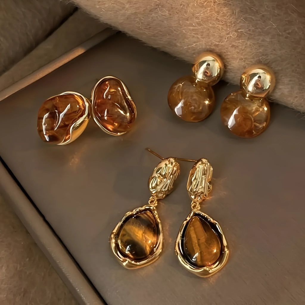 Handmade women's geometric tassel earrings in three colour styles: Maillard blooming, French irregular Amber, and water drop Tigereye