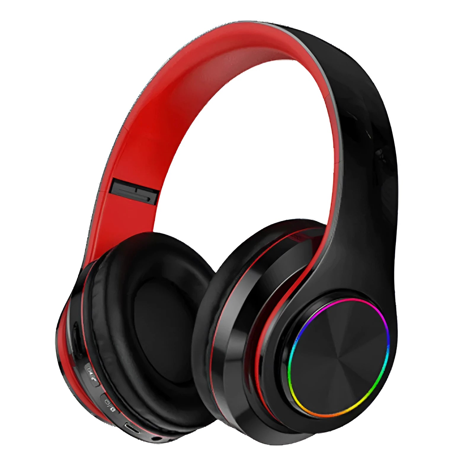 Red wireless Bluetooth headset for mobile phones with bilateral ear design and head-mounted style