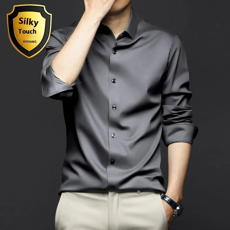 Business high-end ice silk shirt cardigan with lapel collar, slim fit, long sleeves, solid colour, polyester fabric