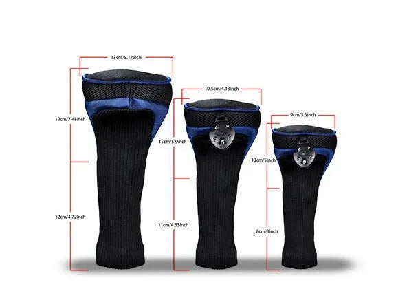 Set of six fabric golf club covers in blue, black, red, and multi-colour designs laid out on grass