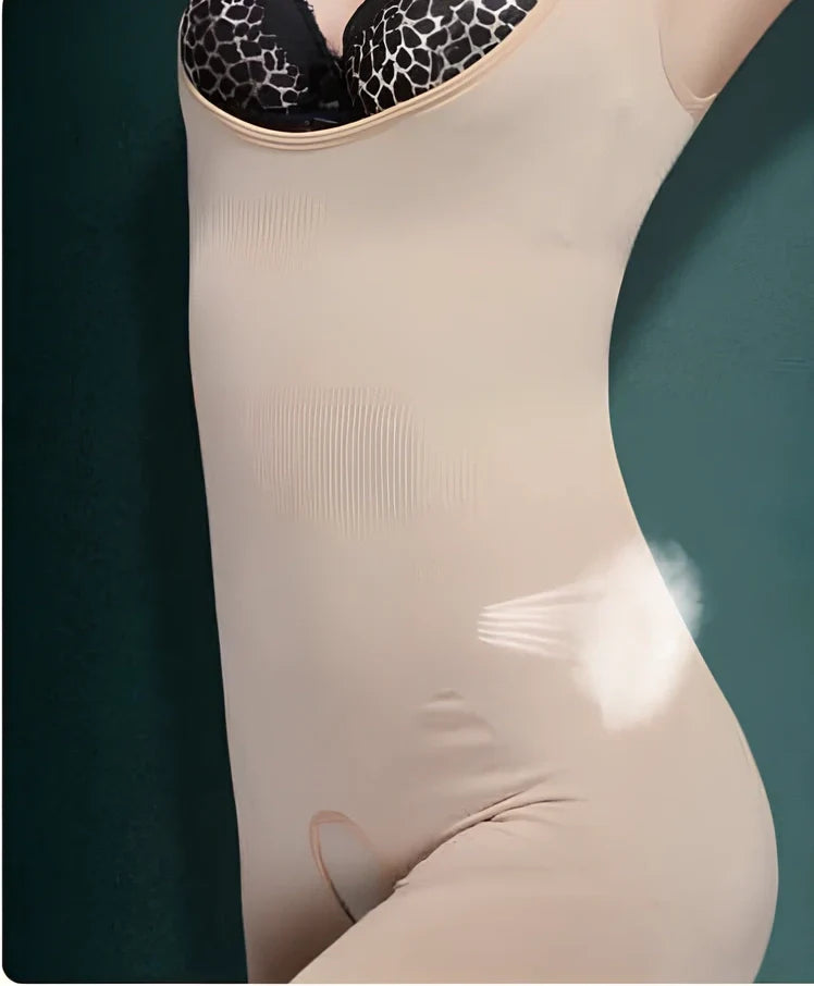 Black nylon women's tummy control bodysuit with U-neck and lace briefs for abdomen and hip shaping, sizes S-3XL