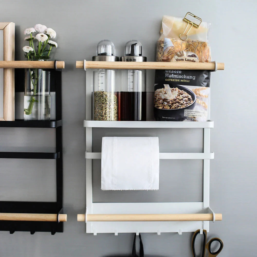 Magnetic refrigerator side rack in black and white, with hooks and wooden bar for kitchen organisation