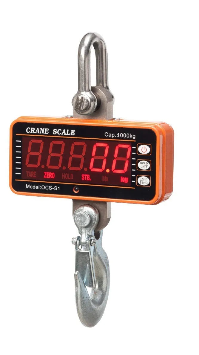 Orange electronic crane scale with digital display, shown with a 500kg capacity rating.