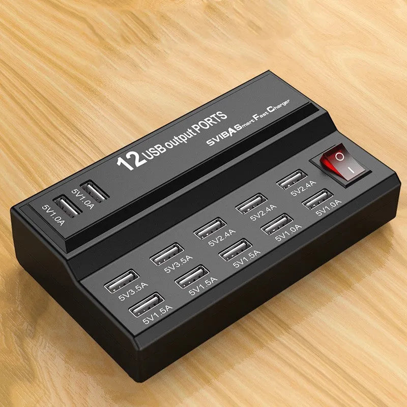 12 port USB fast charger YCYD-A19 with ABS PC fireproof housing, 13.5 x 8.5 x 3.5 cm, white, showing front panel with USB ports