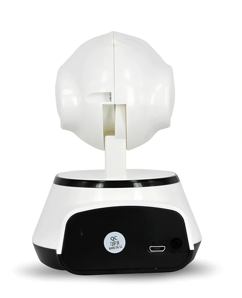 White WiFi baby monitor camera with 720P lens, pan-tilt base, and IR night vision for nursery monitoring