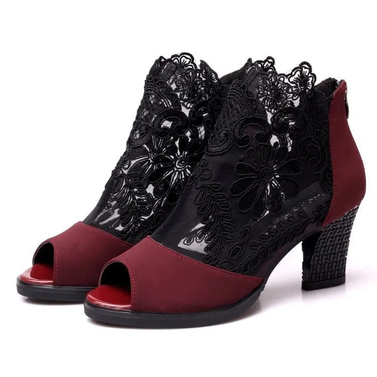 Women's black lace gladiator sandals with square high heel and zip closure side view