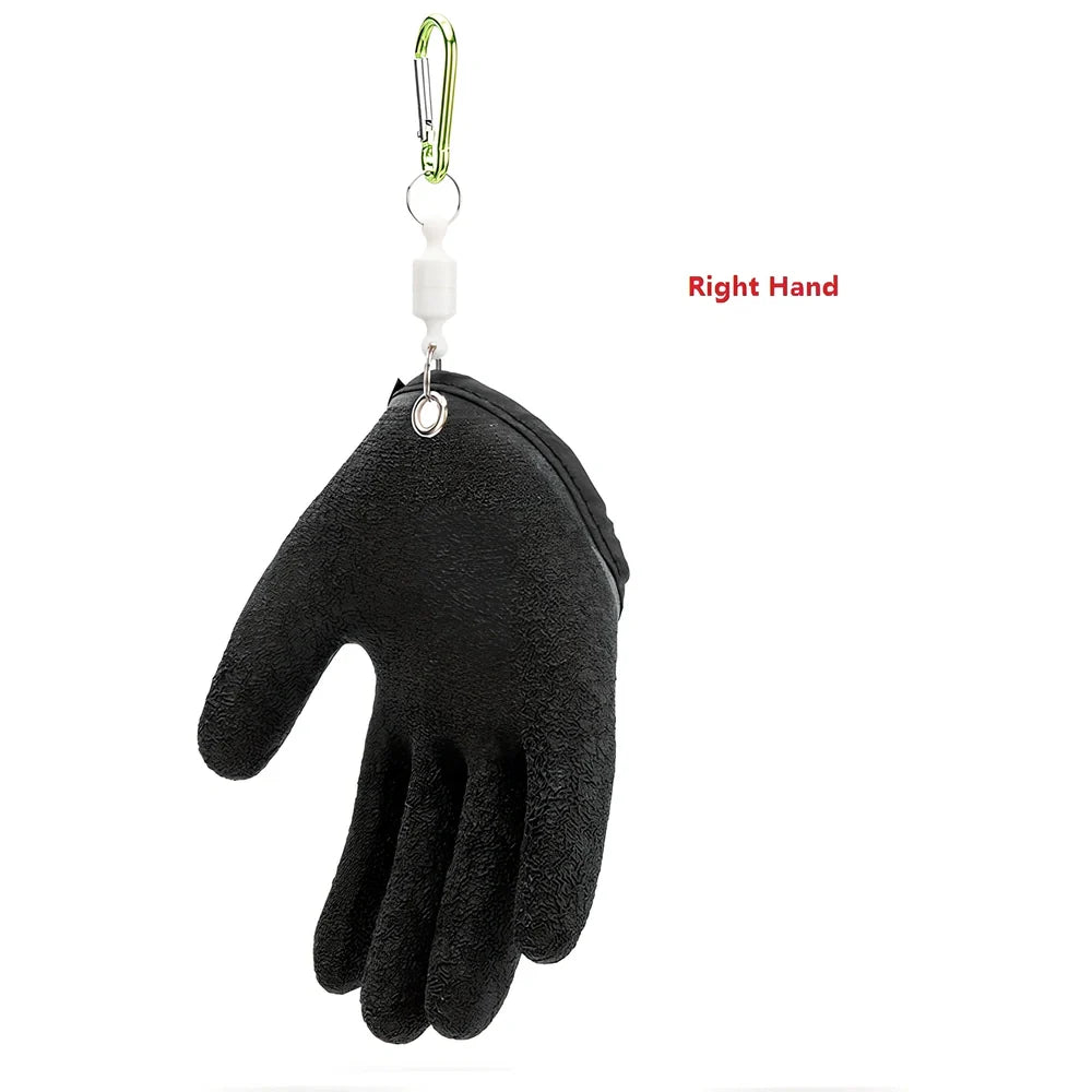 Purple anti-slip fishing gloves with latex coating and magnetic clip for puncture protection in left or right hand, 25cm length
