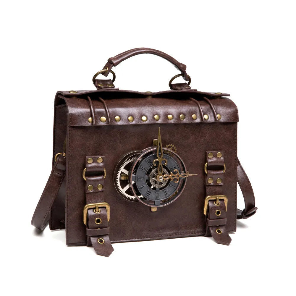 Bronze steampunk style square shoulder bag made of PU leather with metal hardware.