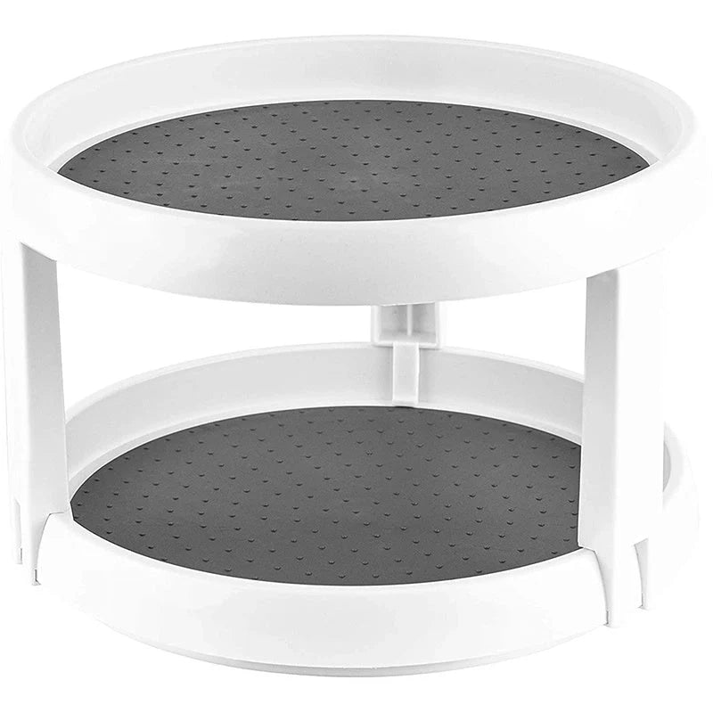 Two-tier rotary storage turntable in grey and white for kitchen and bathroom organisation