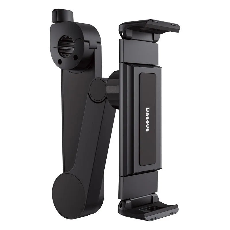 Black universal car backseat cell phone stand mounted behind seat for hands-free use