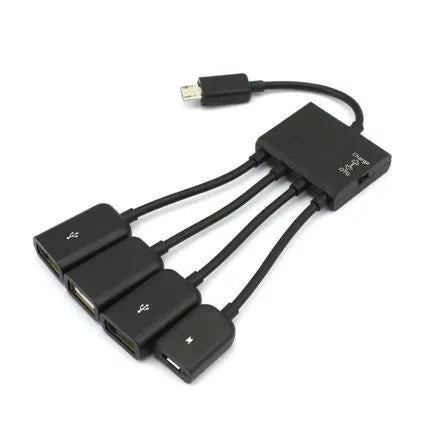 Black micro USB OTG one-to-four multi-port adapter with switch and 0.25m cable