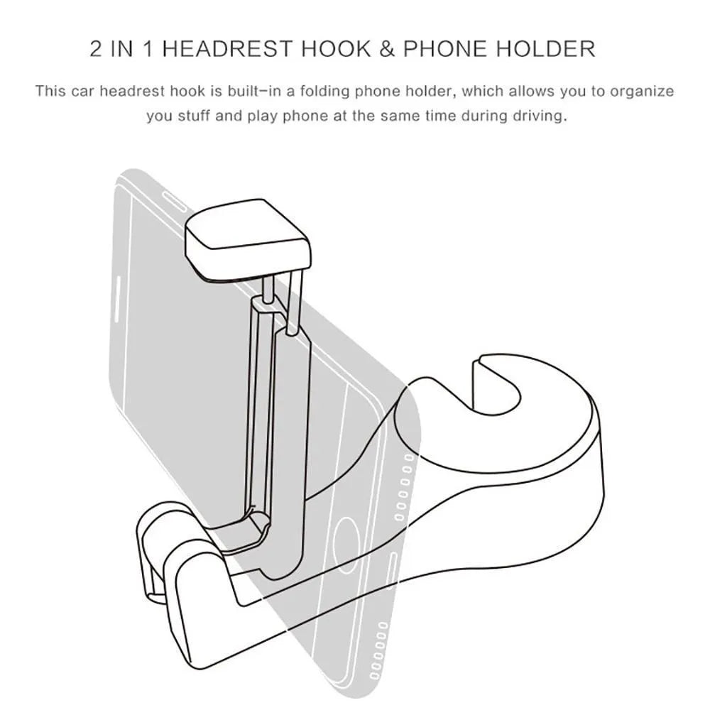 Car headrest hook with built-in folding phone holder, black, holding a phone and bag against seat back