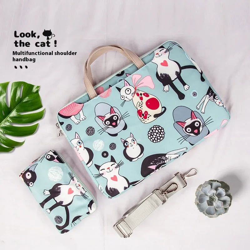 Cartoon printed polyester laptop bag with animal pattern, waterproof and anti-seismic, available in Alien Cat colour