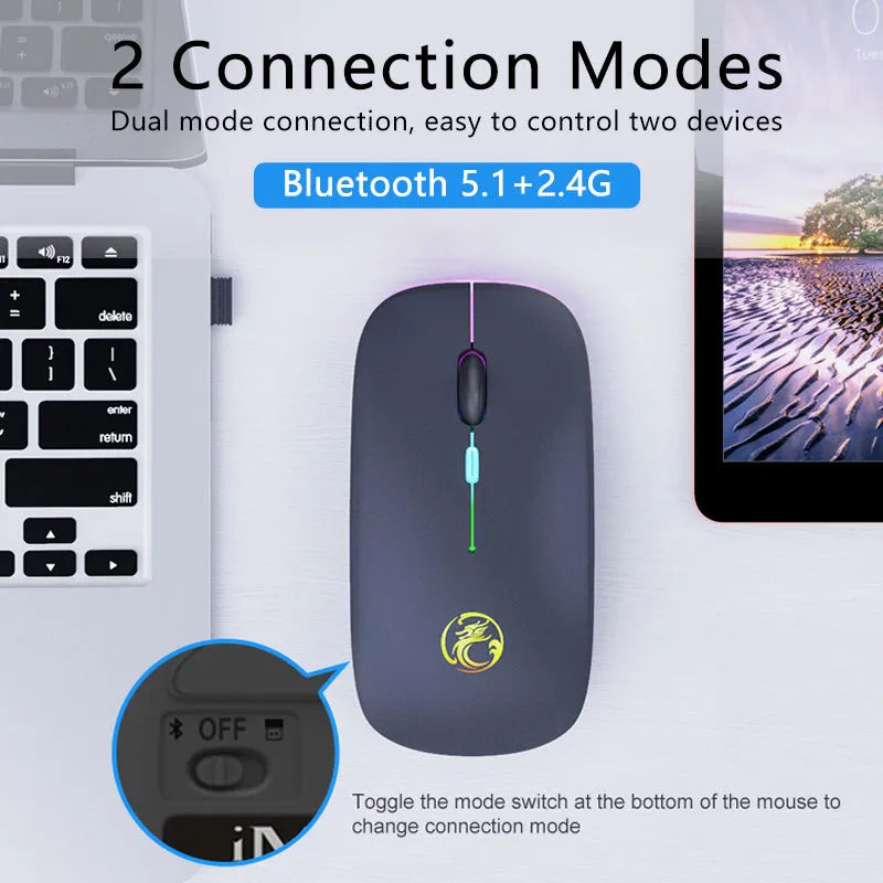 Black and white luminous charging Bluetooth dual-mode wireless silent mouse on a desk.
