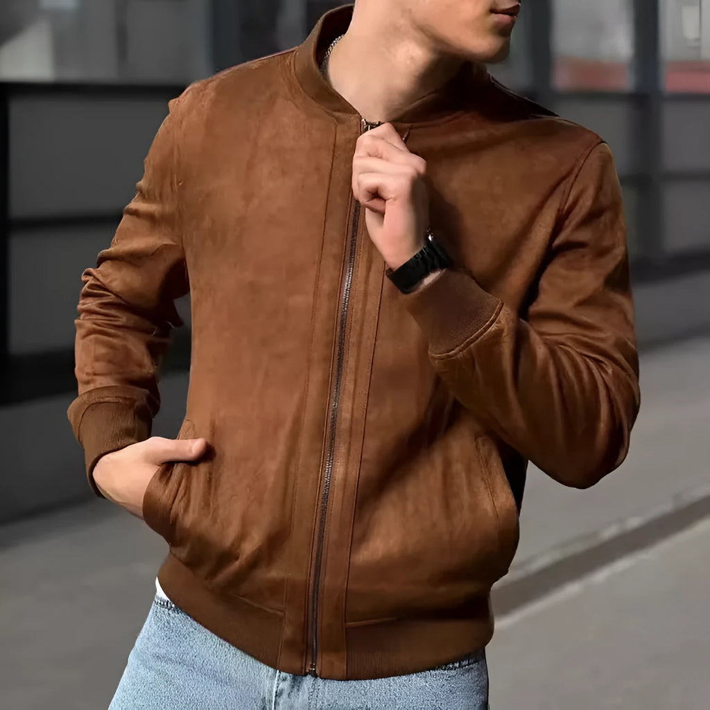 Suede solid colour polyester coat in brown, regular length, with collar and front buttons, shown on mannequin