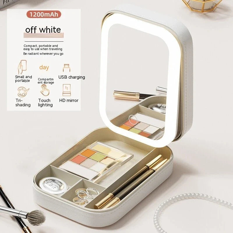 Illuminating makeup organizer with adjustable LED mirror, portable storage compartment, and compact, foldable design