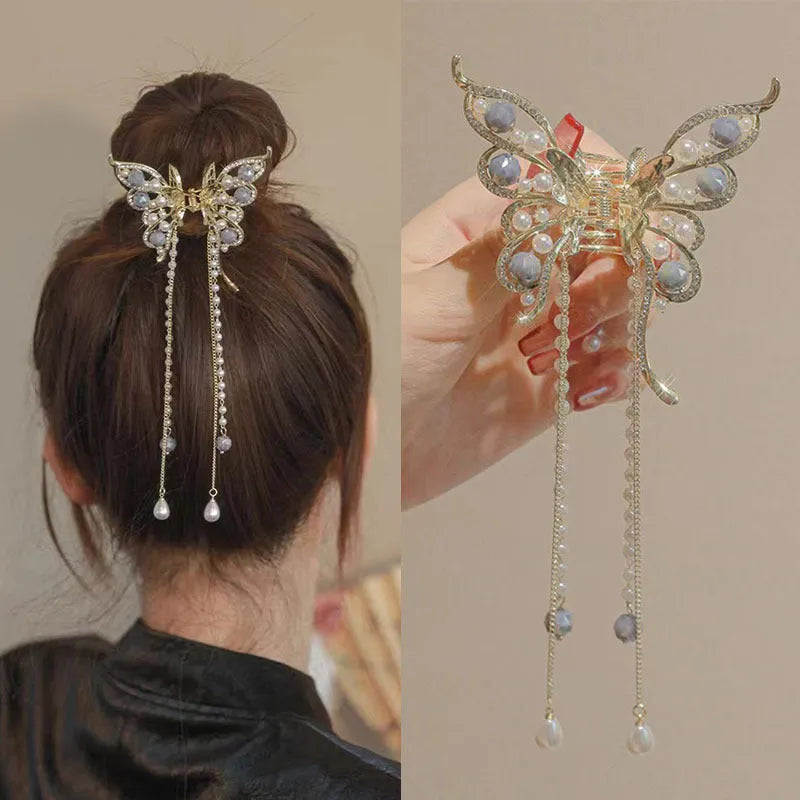 Women's alloy butterfly tassel grab clip, 8x8.5cm butterfly with 15cm tassel, manual finish, F0403 Butterfly tassel colour