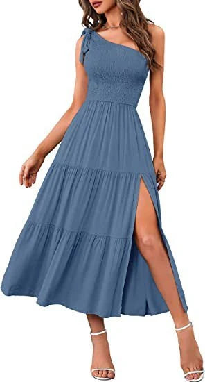 One-shoulder pleated dress with leg-revealing side slits in various colors