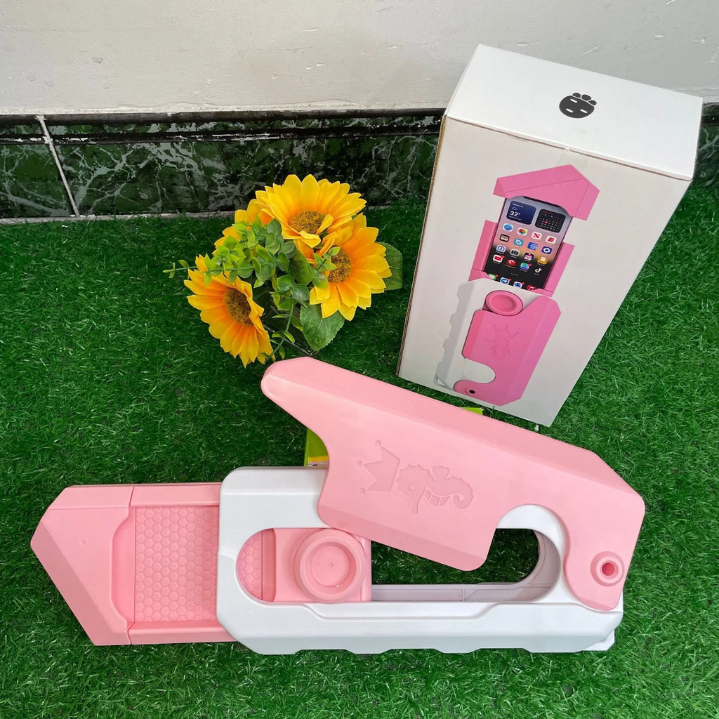 Pink White plastic phone case with built-in decompression toy featuring radish knife design