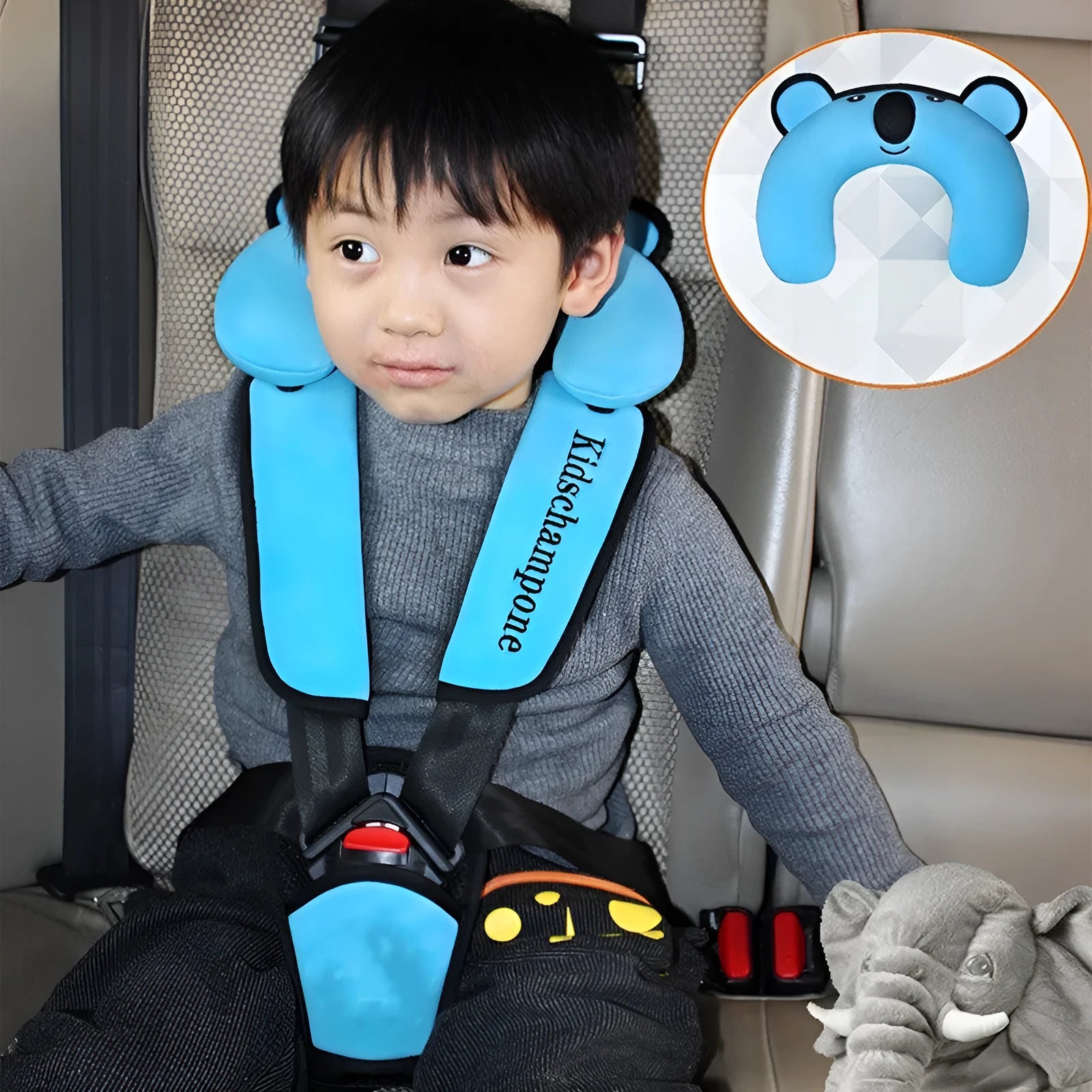 Portable child safety seat belt retainer in rose pink, red, or blue polyester fabric.