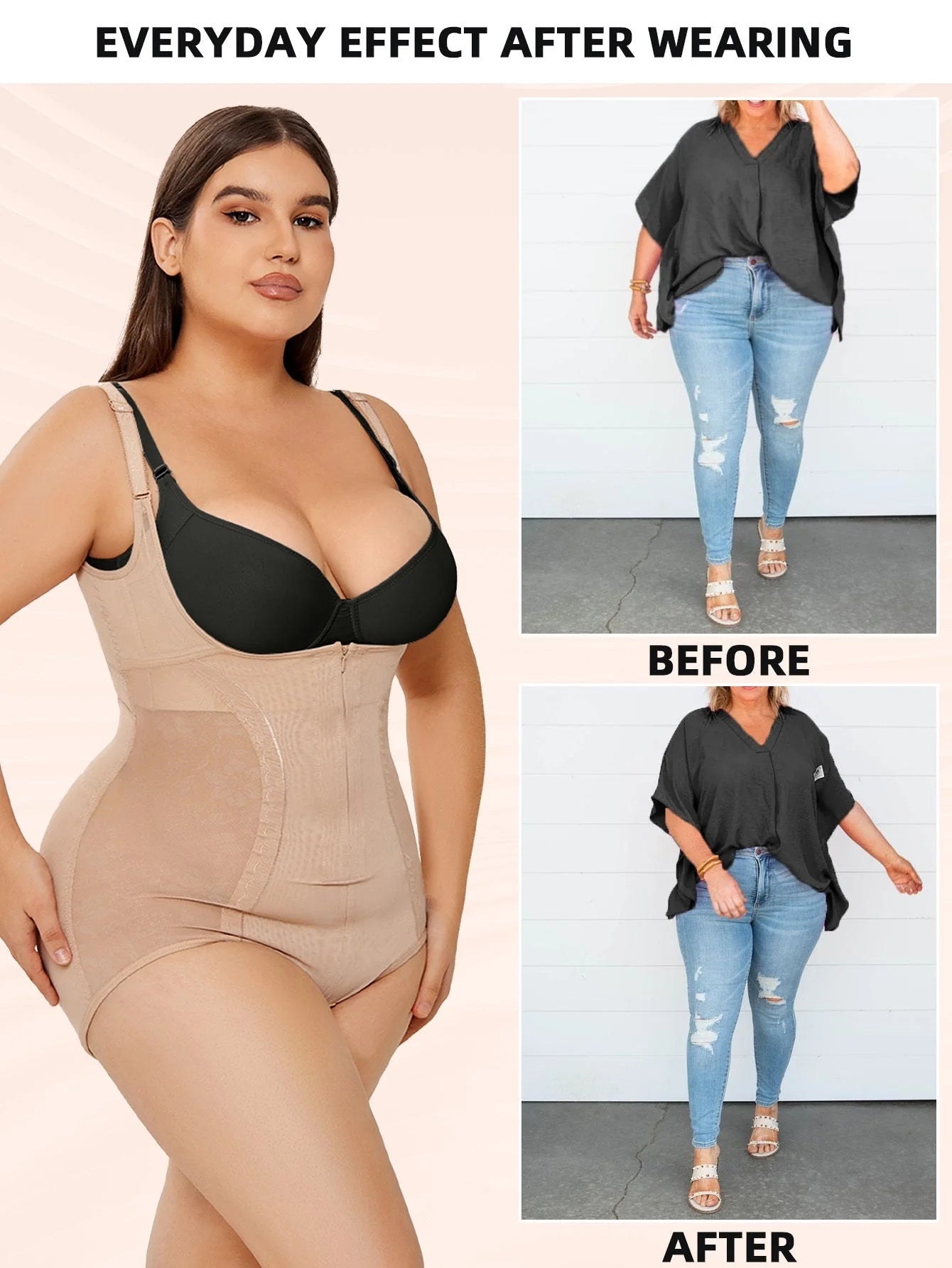 Women's shapewear bodysuit for tummy control and slimming effect in black and apricot