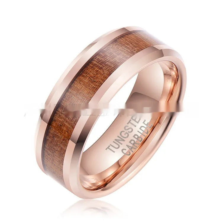 Men's Ugyen tungsten ring with 8mm wide U-shaped band in rose gold or steel colour.