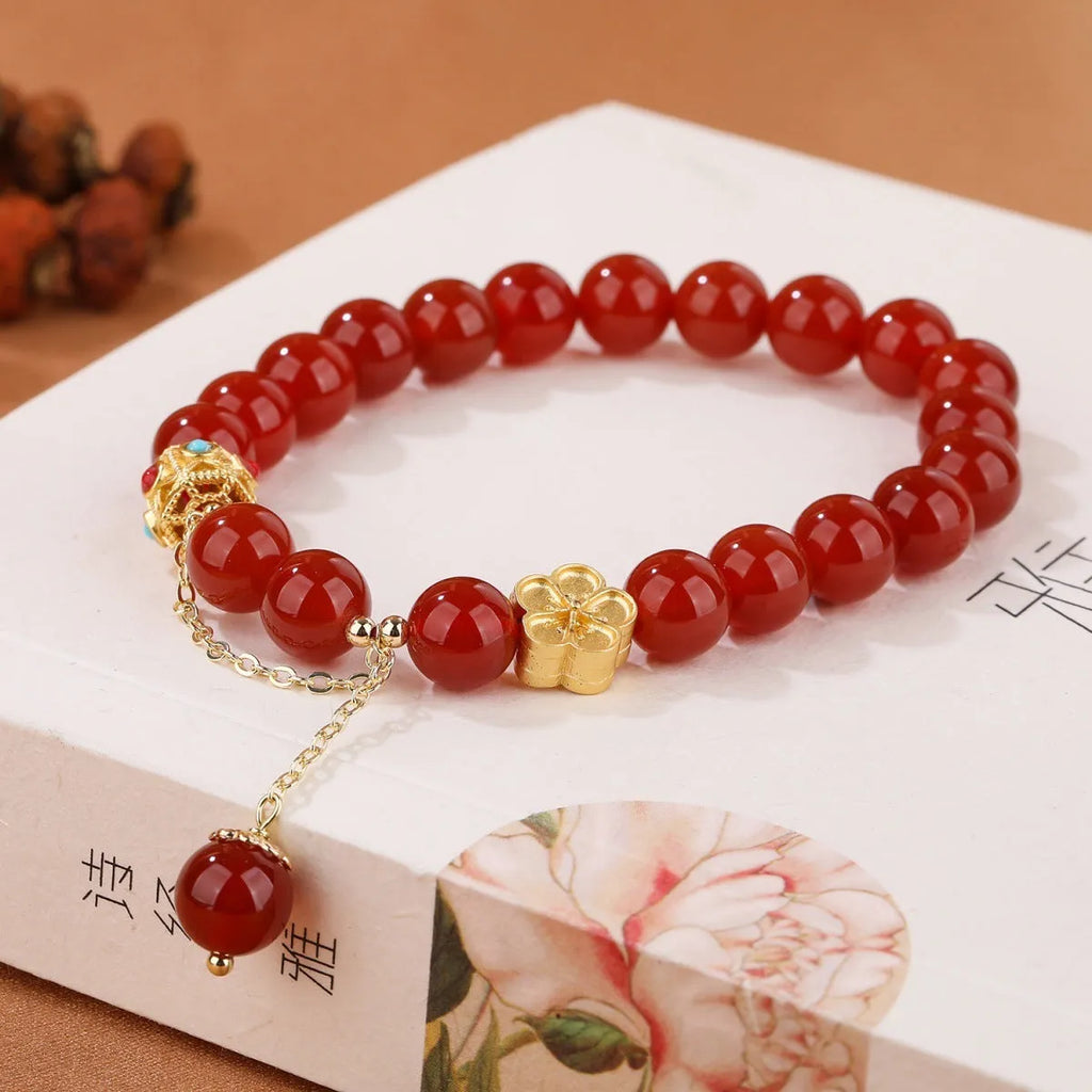 Women's natural agate bracelet with peach blossom copper components, handcrafted original design