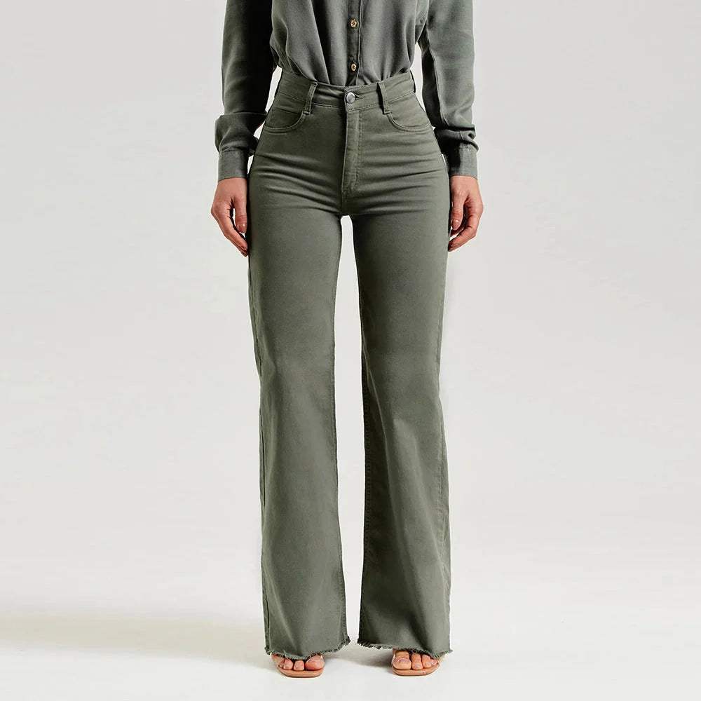 Slim fit stretch denim flared pants in olive green with a mid-waist design and zipper detail