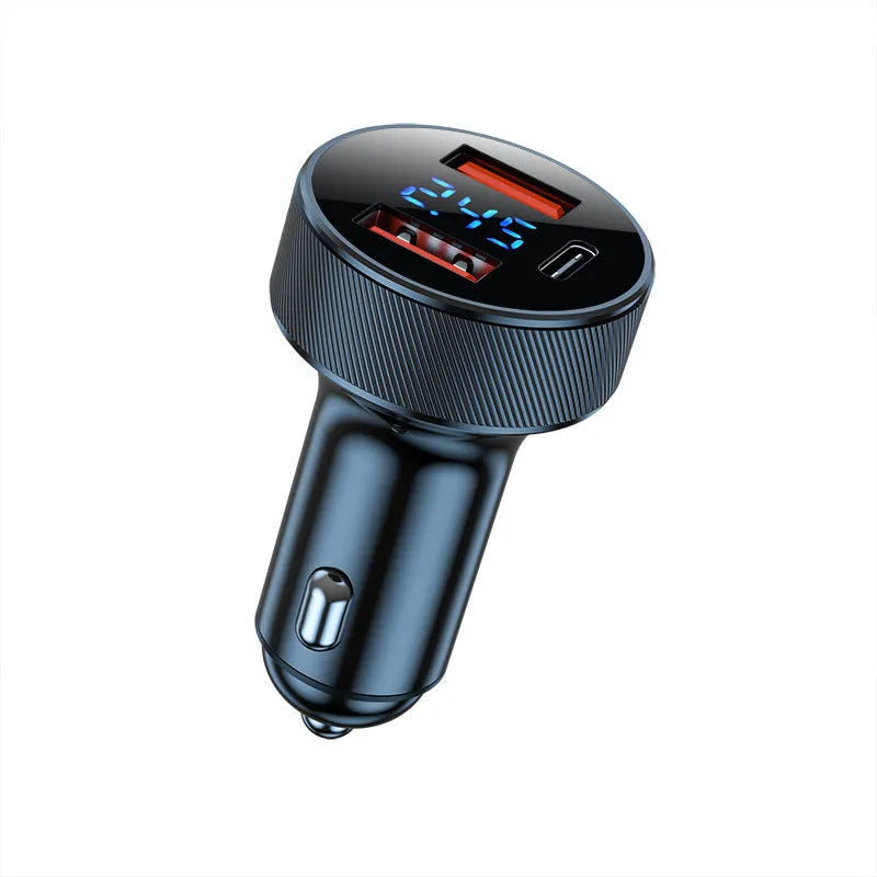 Black aluminium alloy car charger with digital display showing voltage and three cigarette lighter sockets