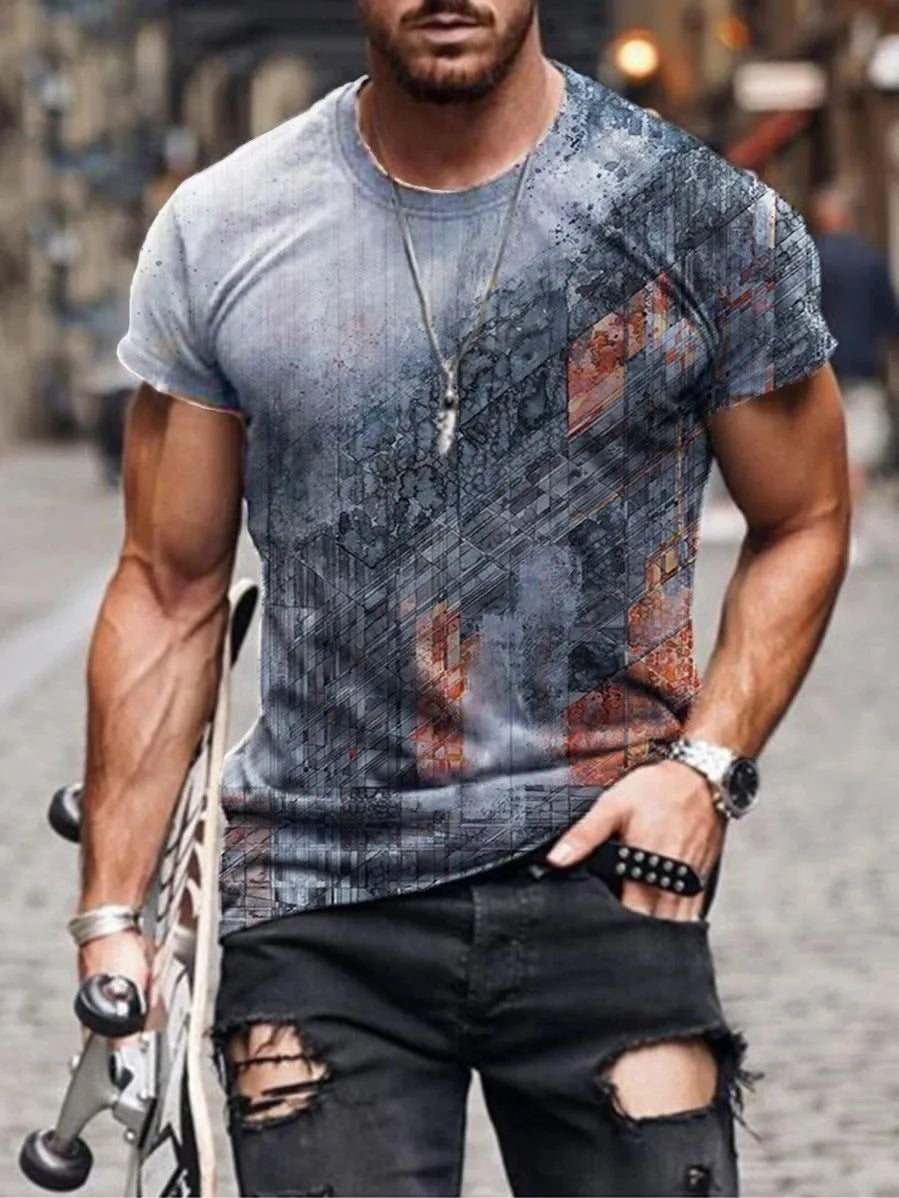 Man wearing a loose fit camouflage print short sleeve t-shirt in milk silk polyester.