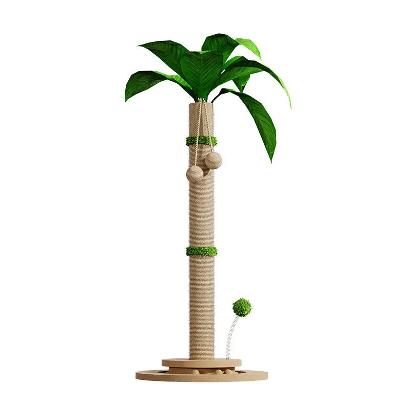 Vertical cat climbing frame with hemp rope scratching posts on a density board structure, in a canna colour.