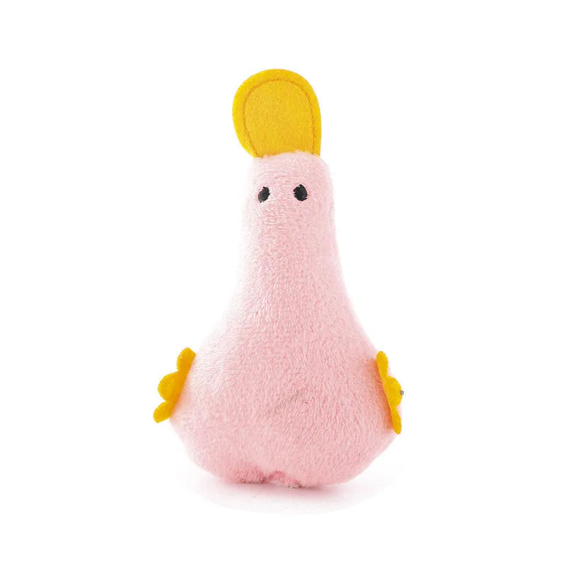 Colourful plush duck pet toy with squeaker and catnip filling for dogs and cats.