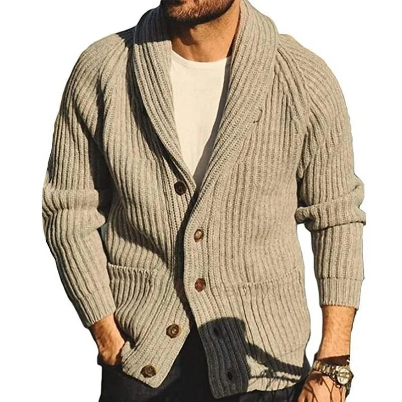 Men's khaki lapel knitting cardigan with pockets, long sleeves, and straight cut design