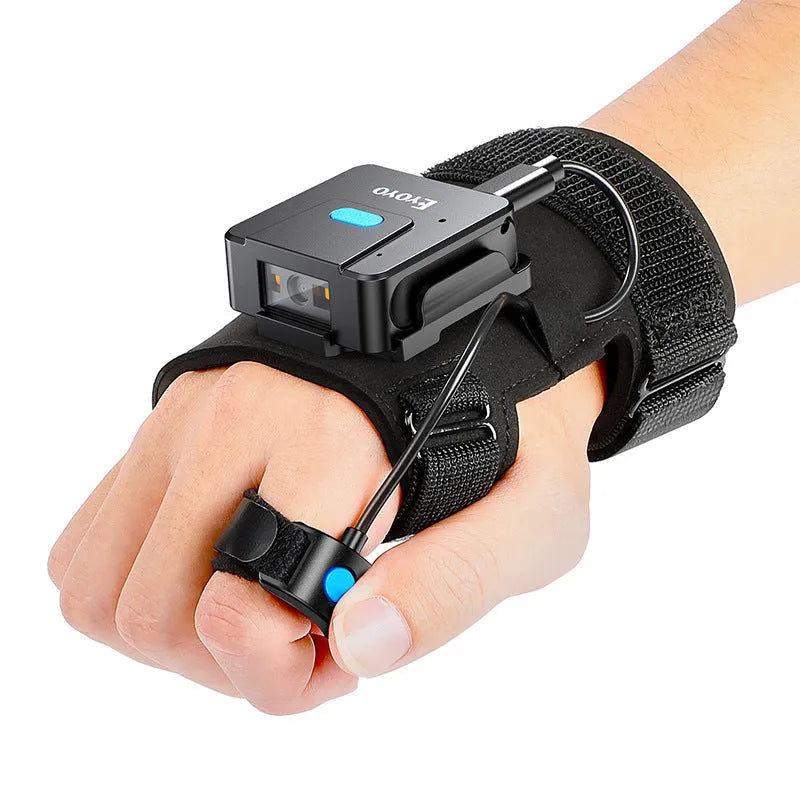 Portable wrist-worn barcode scanner glove with integrated handheld gun and Bluetooth wireless unit.