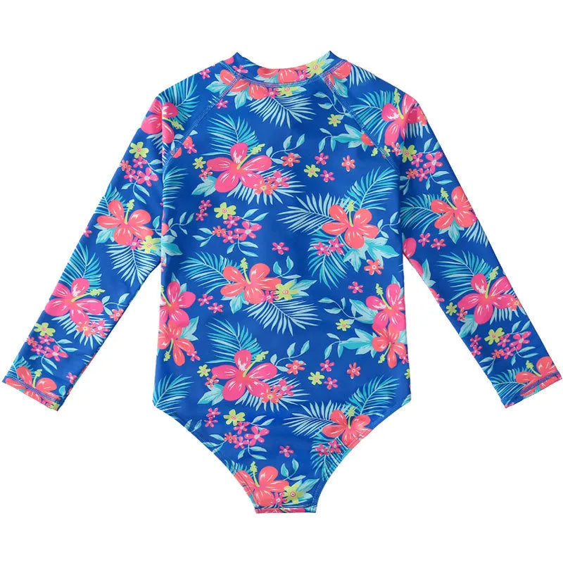 Girl's long-sleeve one-piece swimming suit in briefs style made from polyester fabric