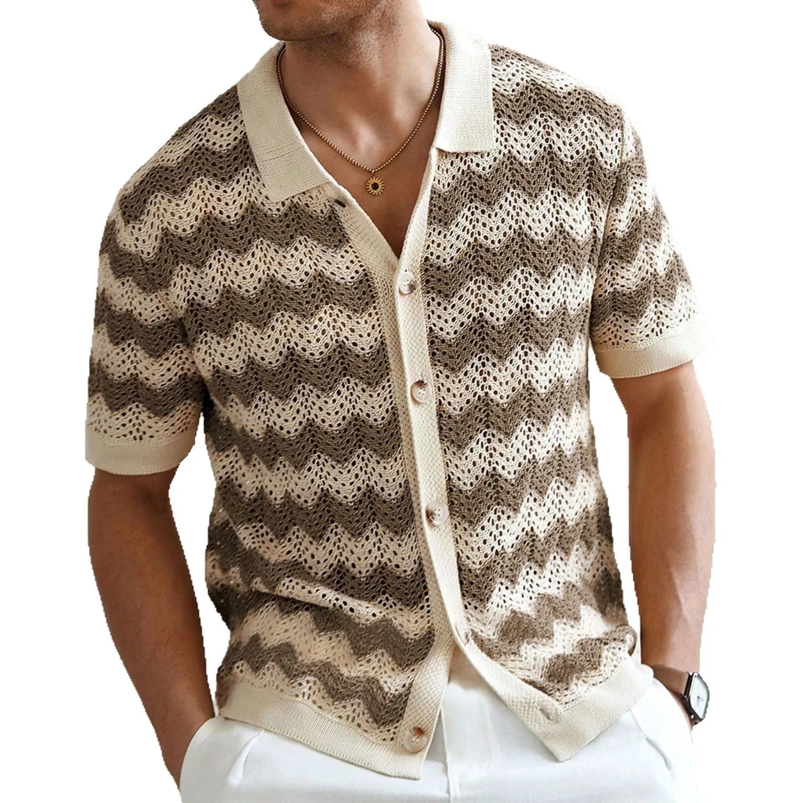 A yellow short-sleeve sweater with a textured corrugated jacquard pattern and a flocked surface detail.