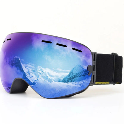 Double-layer TPU ski goggles with coated spherical mirror showing red film option and adjustable strap